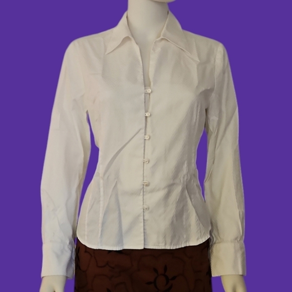 3/$30 ANNE KLEIN White Chevron Textured Preppy Button Down Petite Shirt - Picture 1 of 12